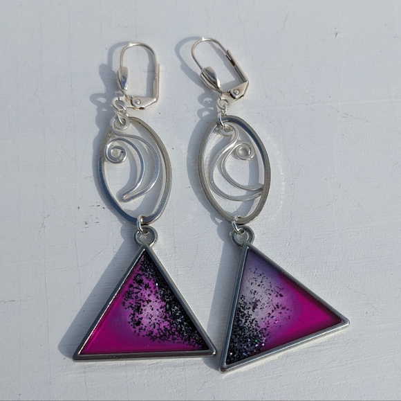 Silver Moon Purple Triangle Earrings Witchy Magic Sparkly Handmade Lever Back - Picture 7 of 7